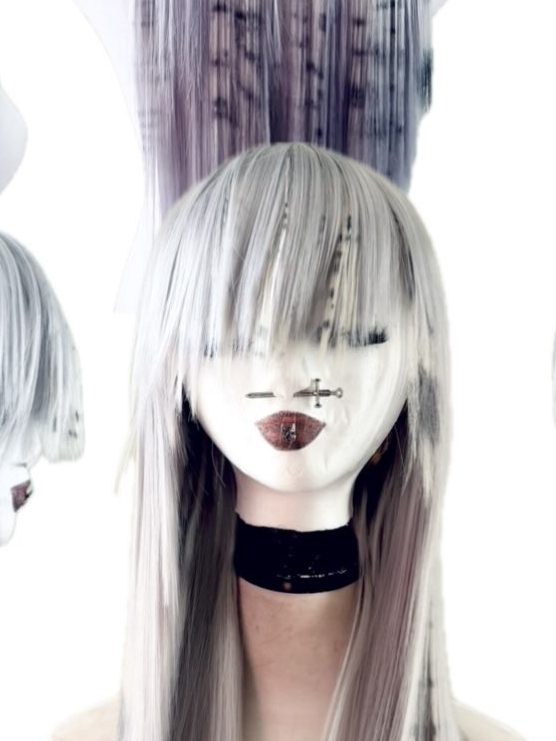 Long silver-grey wig with bangs
