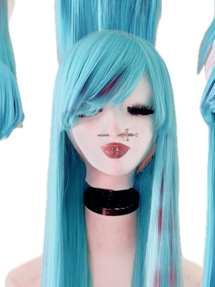 Long aqua wig with side-swept bangs
