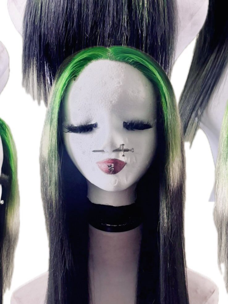Straight black wig with green roots
