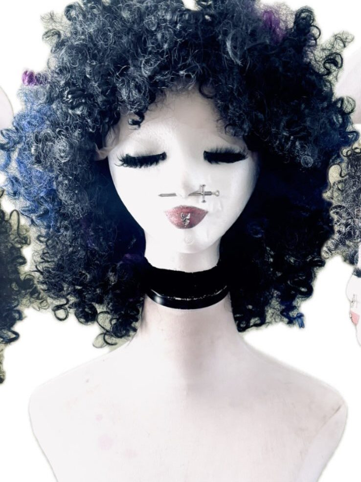 Black and purple curly wig, photocopy treatment